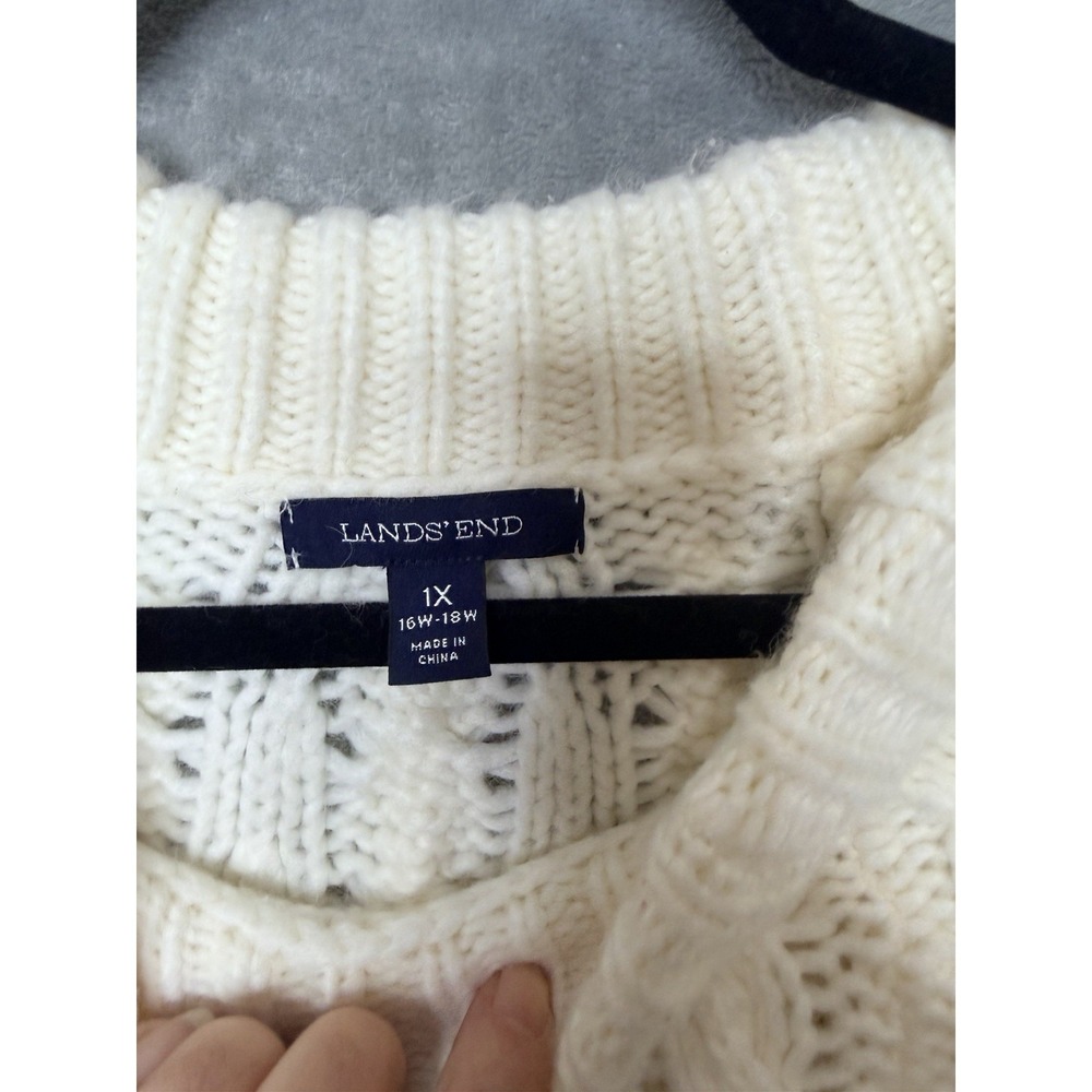 Lands End Cable Knit Crew Neck Sweater Womens 1X 16W-18W Off White Chunky - Picture 6 of 10